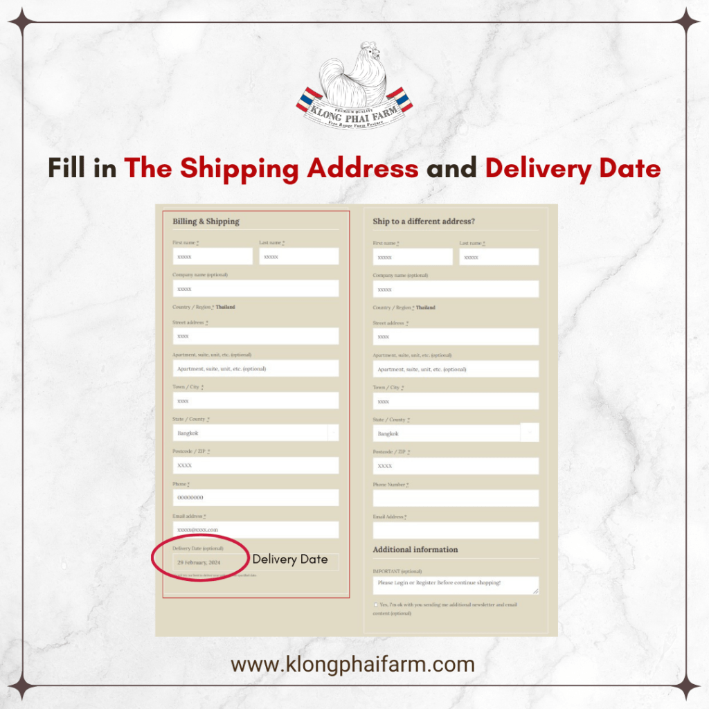 Step4  Fill in The Shipping Address and Delivery Date // กรอกข้อมูลที่อยู่ และวันที่จัดส่งให้ครบถ้วน