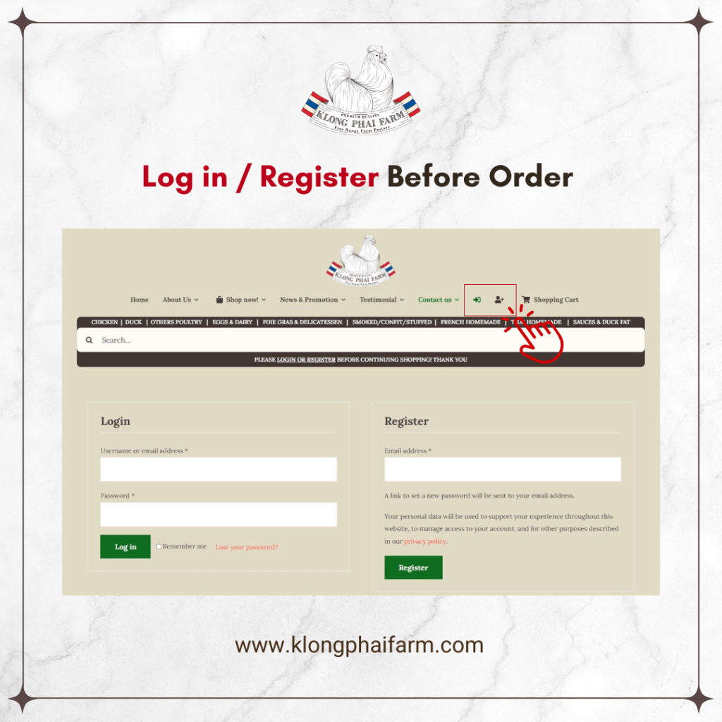 Step2  "Log in / Register" Before Order // "Log in / Register" ก่อนสั่งสินค้า