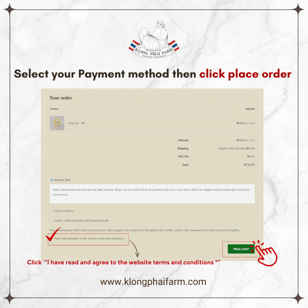 Step5  Select your payment method, then click “Place Order” // เลือกวิธีการชำระเงิน จากนั้นคลิก "Place Order"